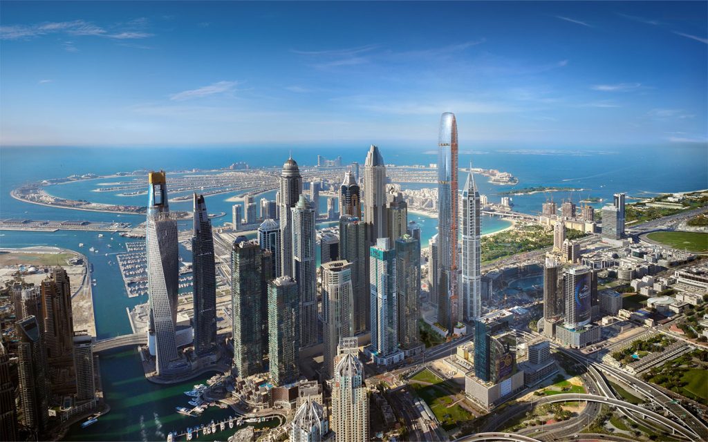 an aerial view of a city with skyscrapers