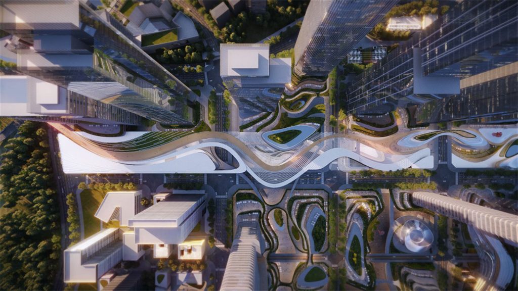 The Luohu North Station TOD employs a futuristic aesthetic, featuring staggered boxes that reflect the inventive spirit of Shenzhen.