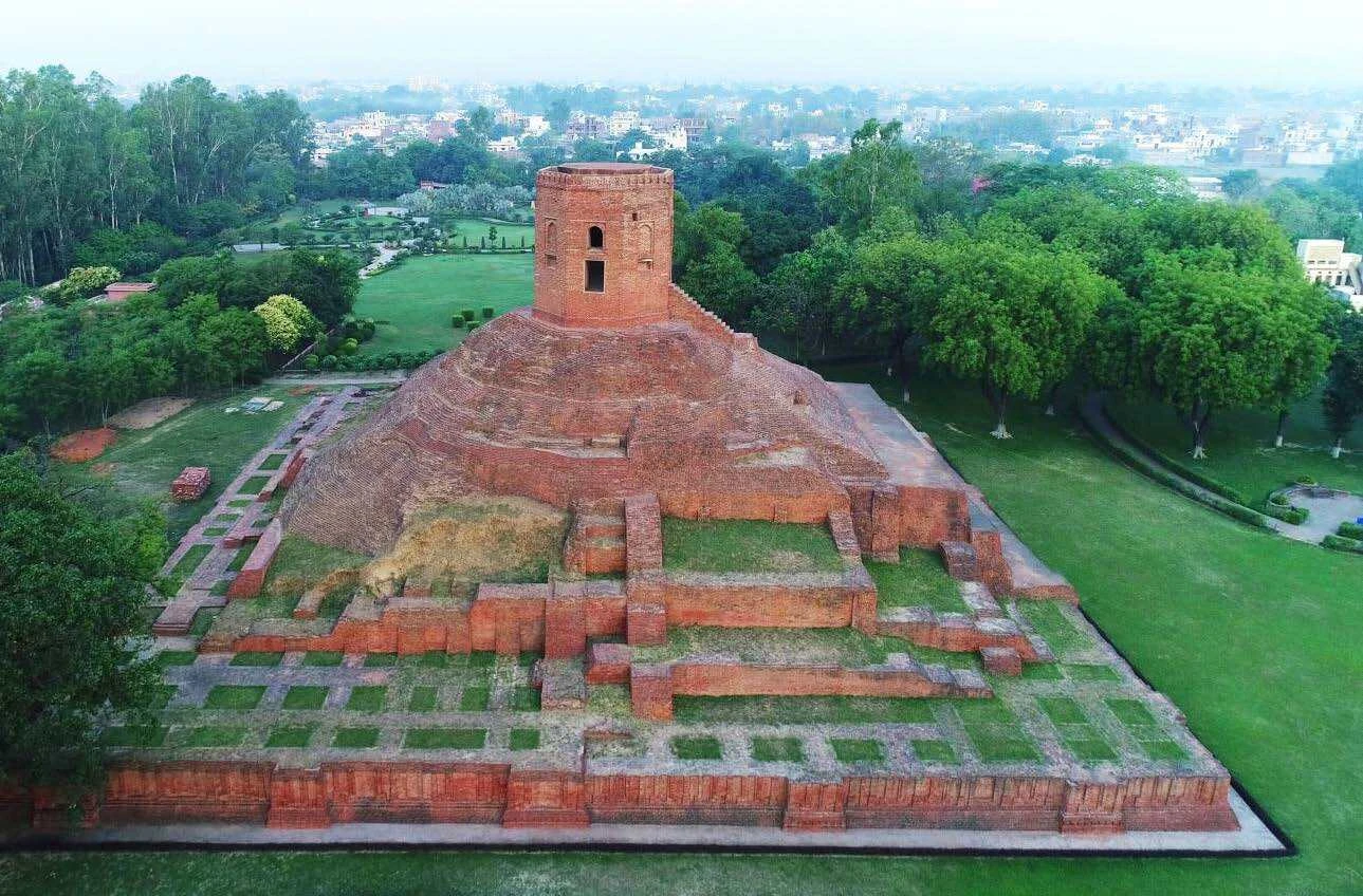 Aerial View of Chaukhandi Stupa in the Archaeological Remains of Sarnath